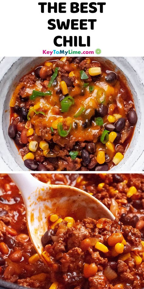 If you’re looking for the best hearty cold weather comfort food, this Sweet Chili Recipe is for you! It’s the perfect balance of flavors between sweet, spicy, and smoky. It’s all around a delicious chili that everyone in the family loves (and always wants seconds of)! #SweetChili #ChiliRecipe #Chili #BeefChili #ComfortFood KeyToMyLime.com Chili Recipe Sweet, Bbq Chili Recipe, Summer Chili Recipe, Best Chilli Recipe, Sweet Chili Recipe, Unique Chili Recipes, Bbq Chili, Spicy Chili Recipe, Homemade Chili Recipe