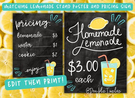 Lemonade Stand Poster & Pricing Sign Bundle, Editable Template, Summer Kids Lemonade Sale, Booth Signs, Custom Lemonade Stand Signage Prints Lemonade Stand Poster, Stand Signage, Kids Lemonade Stands, Lemonade Stand Sign, Standing Signage, Diy Lemonade Stand, Kids Lemonade, Diy Lemonade, Lemonade Sign