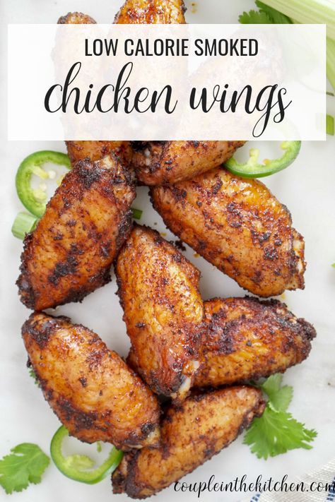 Low Calorie Wings, Low Calorie Chicken Wings, Low Calorie Smoker Recipes, Smoked Chicken Wings Recipe, Eating Cheap, Couple In The Kitchen, Asian Turkey Meatballs, Smoked Wings, Cooking Shows