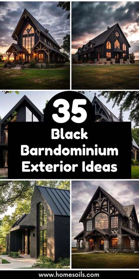 Explore 35 stunning black barndominium exterior ideas that bring a sleek, modern twist to rustic charm! Get inspired for your unique home design—click for creative ideas! Witchy Barndominium, Gothic Ranch House, Black Board And Batten Exterior, Container Barndominium, Black Barndominium Exterior, Barndominium Layout, Barn Exterior Ideas, Barndominium Exterior Ideas, Barndominium Exterior