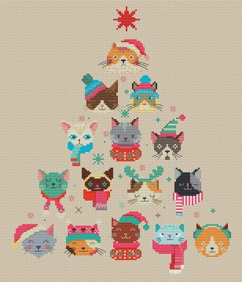 Colourful Cross Stitch, Cat Cross Stitches, Christmas Modern, Xmas Cross Stitch, Cat Cross Stitch Pattern, Pattern Cat, Cat Cross Stitch, Cross Stitch Patterns Christmas, Cross Stitch Christmas