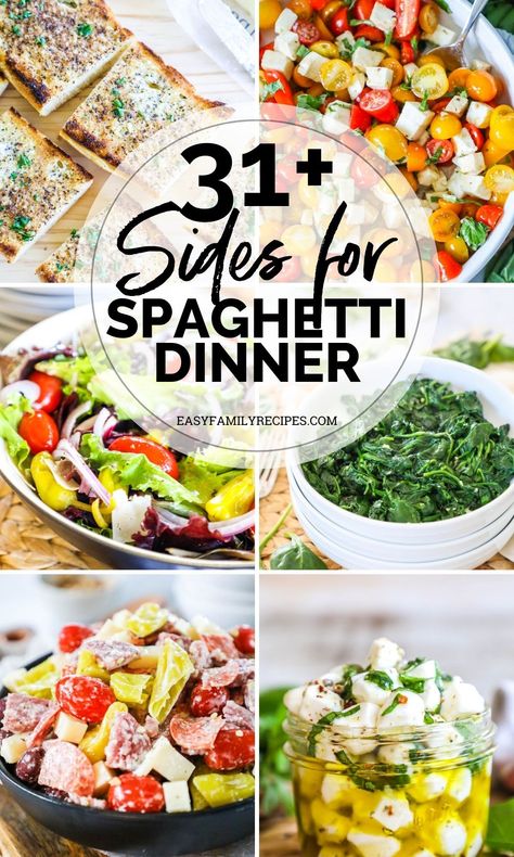 This list is SO good! Check out the perfect accompaniments for your spaghetti dinner with our collection of 31+ best side dish recipes. From classic appetizers to vibrant salads and kid-friendly options, we have you covered for a delicious and stress-free meal. Elevate your spaghetti dinner with these easy, family-friendly side dishes that are sure to please everyone at the table. Side For Pasta Dinner, Salad With Spaghetti Dinner, Side Dishes For Chicken Spaghetti, Side Dishes To Go With Pasta, Appetizers For Spaghetti Dinner, Side Dishes With Spaghetti, Side Dish For Spaghetti Dinner, Spaghetti Dinner Ideas Sides, Spaghetti Side Dishes