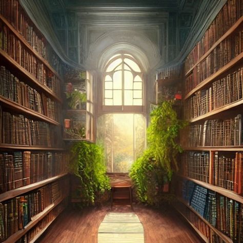 a magical, elegant library with wooden shelves, and sun filtering through the window #fantasy #magical #library #books #magicallibrary #fantasyart #magicalrealism #dark academia #bookworm #witchy #witchcore #cottagecore #gothic #romantic #arcane #magicalbookstore #fairytale #fairycore #plants #woodenshelves #woodenlibrary #wizard #witchraft #sorcery Enchanted Library Aesthetic, Whimsigoth Library, Overgrown Library, Fantasy Library Aesthetic, Library Forest, Basement Library, Wizard Library, Vintage Library Aesthetic, Kingdom Inspiration