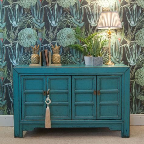 Chinese Sideboard, Blue Sideboards, Lacquered Walls, Lacquered Sideboard, South Carolina Homes, Painted Sideboard, Floor Bathroom, Colorful Space, House Inspo