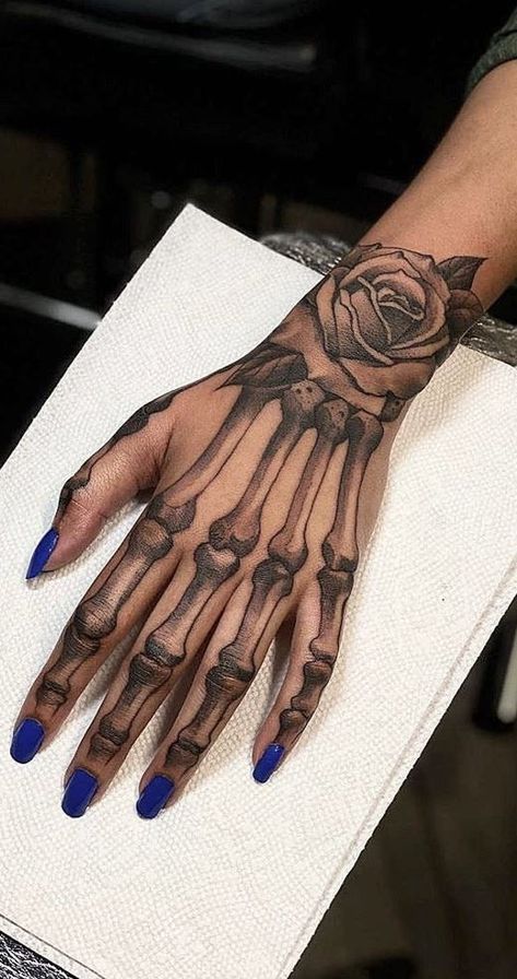 Skeleton On Hand Tattoo, Hand Tattoo Meaning, Skeleton Hand Tattoos, Hand Skeleton, Small Wave Tattoo, Skull Hand Tattoo, Rose Hand Tattoo, Women Skeleton, Hand Tattoos For Girls