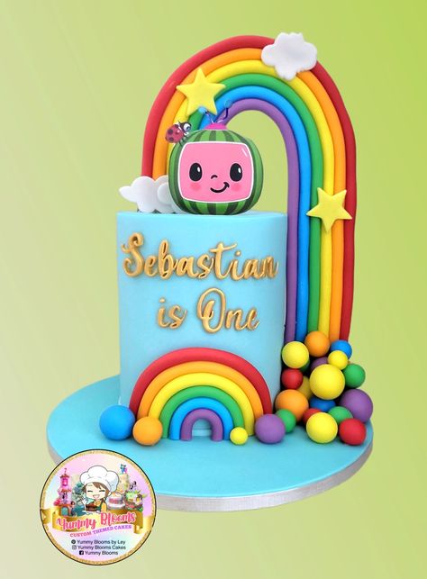 Rainbow and cocomelon Birthday cake Cocomelon Rainbow Cake, Cocomelon Cake Design, Cake Cocomelon, Cocomelon Birthday Cake, Rainbow Cake Decoration, Rainbow Baking, Fondant Rainbow, Rainbow Cake Recipe, Cocomelon Theme