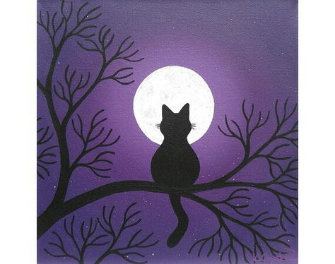 Etsy : konyskiw Black Cat Painting, Shadow Painting, Silhouette Painting, Easy Canvas Art, Black Cat Art, Small Canvas Art, Diy Canvas Art Painting, Art Painting Acrylic, Painting Art Projects