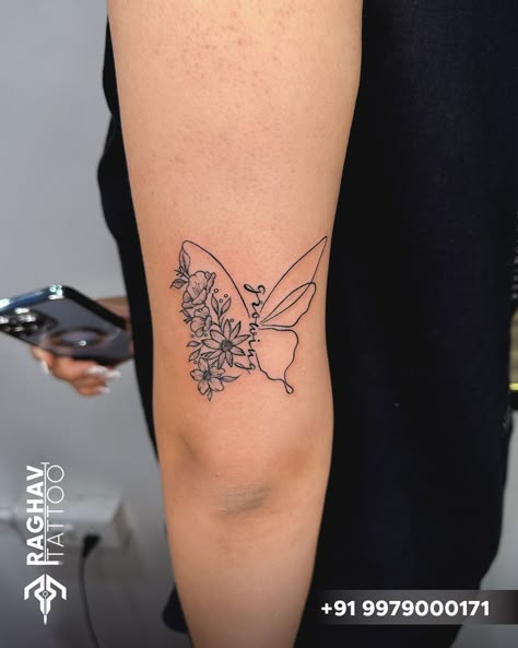 Butterfly Tattoo Flowers, Butterfly Name Tattoo, Butterfly With Flowers Tattoo, Earthy Tattoos, Basic Tattoos, The Best Tattoos, Self Love Tattoo, Tattoos With Kids Names, Tattoo Butterfly