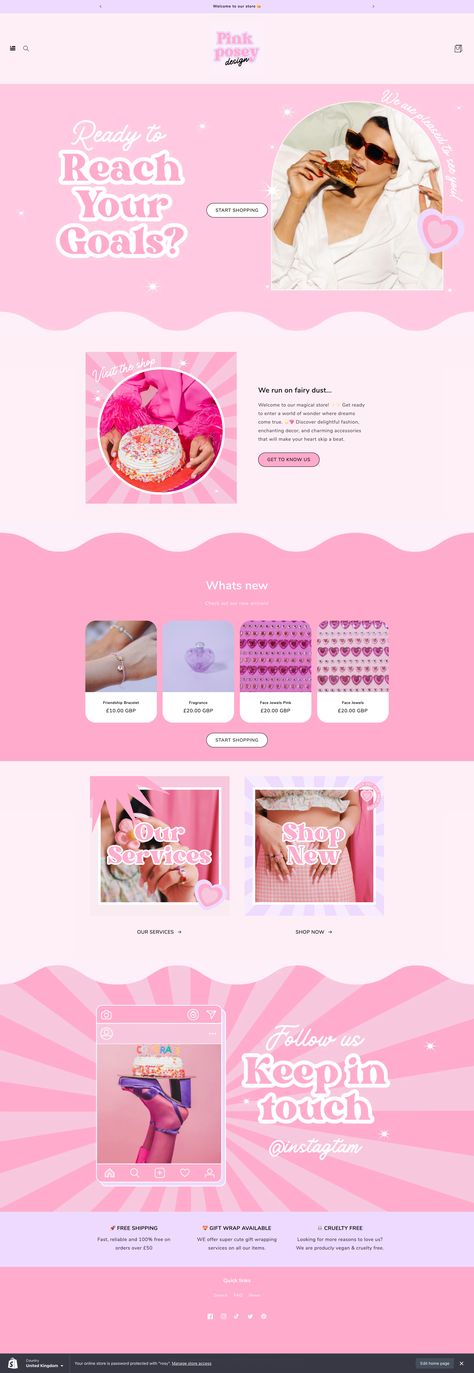 Pink shopify website theme using canva banners Barbie Branding, Pastel Website, Pink Website Design, Barbie Website, Music App Design, Store Stand, Elegant Theme, Shopify Templates, Everyday Quotes