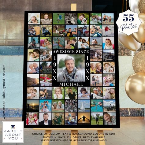 Birthday 55 Photo Collage AWESOME SINCE 50th Photo Collage, Picture Display Ideas For Party, Photo Display Ideas For Party, Photo Collage Ideas, Graphics Background, Birthday Photo Collage, Then And Now Photos, Birthday Collage, 50th Anniversary Gifts