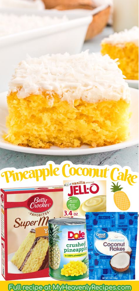 Pineapple Coconut Cake Recipe, Moist Pineapple Cake, Pineapple Coconut Cake, Coconut Pineapple Cake, Coconut Cream Frosting, Pineapple Cake Recipe, Boxed Cake Mixes Recipes, Pineapple Dessert Recipes, Cake Mix Desserts