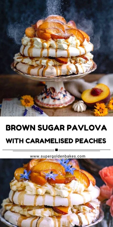 Layered Pavlova, Brown Sugar Peaches, Caramelized Peaches, Easy Summer Dessert, Pavlova Recipe, Easy Summer Desserts, Breakfast Pastries, Grilled Peaches, Summer Dessert Recipes