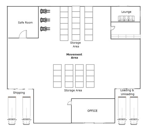 This is a warehouse floor plan that shows the layout of a warehouse. A floor plan is a planning tool used by professional builders, interior designers, and real estate agents when they are trying to develop or sell a new home or piece of land. The appearance of a room after construction or renovations are complete can be visualized using floor plans. Wearhouse Design Plan, Business Floor Plans Layout, Warehouse Plan Layout, Shop With Office Floor Plans, Warehouse Layout Design, Wearhouse Design, Factory Design Industrial Layout, Warehouse Blueprints, Small Warehouse Design Layout