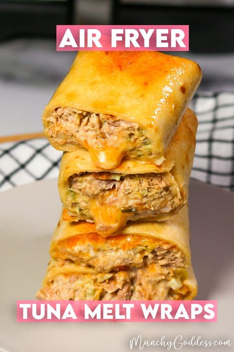 Four air fryer tuna melt wraps stacked on top of each other exposing the inside tuna salad mixture and melted cheese. Tuna Wrap Ideas, Air Fryer Casserole, East Air Fryer Recipes, Air Fryer Tuna Melt, Air Fryer Tuna, Tuna Wraps, Tuna Melt Recipe, Tuna Melt, Dinner Delicious