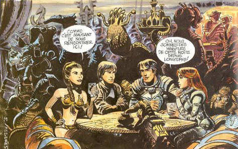 Valerian and Laureline meet Luke Skywalker and Leia by Jean-Claude Mézières for Pilote magazine, 1983. Leia says, "fancy meeting you here!" to which Laureline retorts "Oh, we've been hanging around here for a long time!" Valerian Comic, Valerian And Laureline, 70s Sci Fi Art, Ralph Mcquarrie, Sci Fi Comics, Flash Gordon, Star Wars Film, Art Comic, Bd Comics