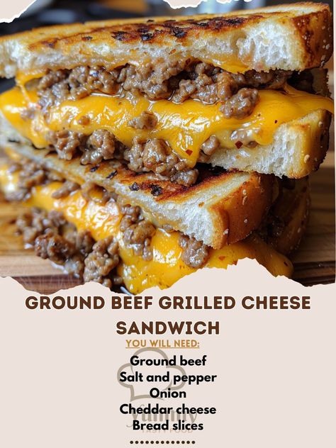 🍔🧀 Savor the savory with Ground Beef Grilled Cheese Sandwich! A meaty twist on a classic comfort food. #GrilledCheeseUpgrade #BeefyBites Ground Beef Grilled Cheese Sandwich Recipe Elevate your grilled cheese game with this hearty combination of juicy ground beef and melted cheese. Ingredients: Ground beef: 250g Salt and pepper to taste Onion, finely chopped: 50g Cheddar cheese, sliced: 100g Bread slices: 8 Butter, softened: 30g Garlic powder: 2g Directions: Cook Beef: In a skillet over m... Beef Grilled Cheese, Ground Beef Grill, Gourmet Sandwiches Recipes, Soup Sandwich, Cheese Game, Grill Cheese, Sandwhich Recipes, Grill Cheese Sandwich Recipes, Griddle Recipes