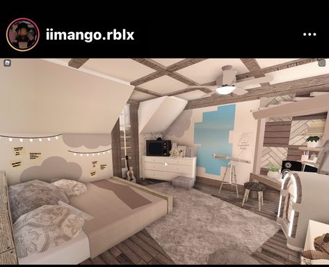 Attic Bedroo. 5x4 Have space for the closet Bloxburg Attic, Bedroom Ideas Bloxburg, Bloxburg Decor, Layout Bedroom, Aesthetic Bloxburg, Bloxburg Building, Bloxburg Bedroom, Blox Burg, Roblox House