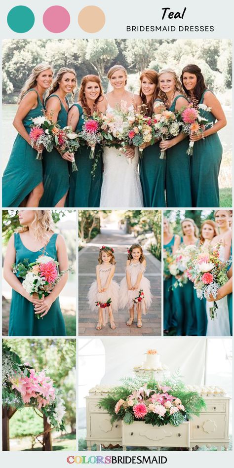 Teal Wedding Dresses Bridesmaid, Teal And Blush Pink Wedding, Teal Blue And Pink Wedding, Teal And Light Pink Wedding, Bridesmaid Dresses Color Ideas, Teal And Pink Wedding Colors, Pink And Teal Wedding Theme, Wedding Arch Sweetheart Table, Spring Wedding Bouquets Pink