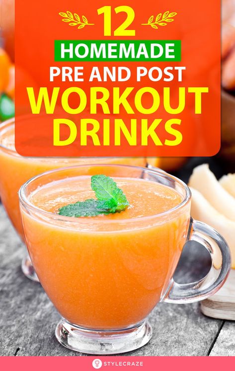 12 Homemade Pre and Post Workout Drinks: The natural sugars, antioxidants, and dietary fiber in homemade pre- and post-workout drinks will help keep you energized and improve your overall health. In this article, we have listed 12 best homemade pre- and post-workout drinks. #Health #Healthy #HealthyDrinks #Workout Natural Pre Workout Drink, Pre Workout Drink, Homemade Energy Drink, Fitness Smoothies, Pre Workout Smoothie, Energy Drink Recipe, Best Diet Drinks, Natural Pre Workout, Pre And Post Workout