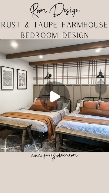 Hannah Joyce | Home Design & DIY on Instagram: "I was a little reluctant about this taupe paint color at first, but I love it! It reminds me of chocolate milk and that ain’t a bad thing. 😆 What I really love about this bedroom design is the versatility. The neutral taupe, rust accents and plaid wallpaper don’t feel overly masculine or feminine, it doesn’t feel too little kid or too mature. It could work in a bedroom, office, playroom, mudroom etc. And before you ask, yes, I do plan to hide those cords. 😆 Paint color: @sherwinwilliams Threshold Taupe Wallpaper @wall.blush Carolina Comment “bedroom” to get the shopping guide. Most items are from amazon, wayfair, target etc so budget friendly prices! . . . If you’re new here… 🙋🏼‍♀️I share budget friendly home design, DIYs, and interio Bedroom With Rust Accents, Rust Accents, Taupe Paint Colors, Wall Blush, Taupe Wallpaper, Taupe Paint, Office Playroom, Plaid Wallpaper, Home Design Diy