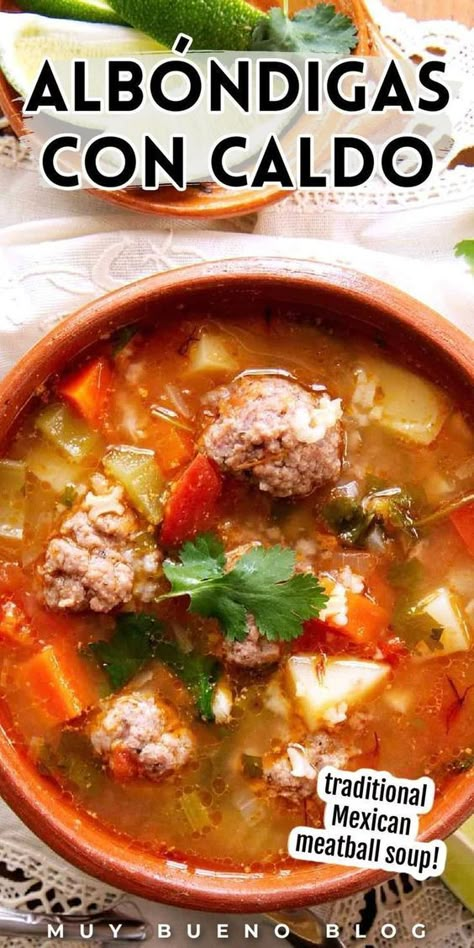 This authentic Albóndigas con caldo recipe, also known as albondigas soup, is packed with beef, veggies, seasonings, and more. This easy Mexican soup is great for a quick lunch or dinner that's so delicious. This simple savory soup is wonderful to warm you up during the colder months. Try this Mexican soup today! Easy Mexican Soup, Albondigas Soup Recipe Mexican, Albondigas Soup Recipe, Mexican Meatball Soup, Mexican Meatballs, Albondigas Soup, Meatball Soup Recipes, Simple Soup, Mexican Soup