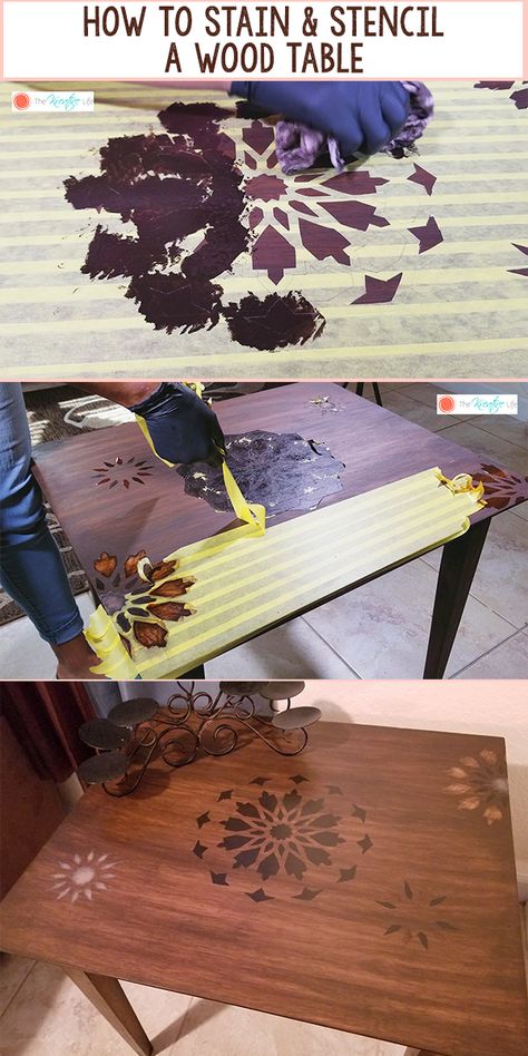 How to Stain and Stencil a Wood Table - The Kreative Life Stain Stencil On Wood, Staining Designs On Wood, Stencil For Table, Stencil Table Top Diy, Paint Table Stencil, Stencil Wood Table, Stenciled Table Top Lowe's, Stencil Table Top, Stain Art