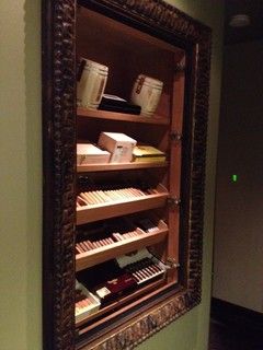 Recessed Wall Humidor. I like putting a classy picture frame around the humidor. Built In Humidor, Wall Humidor, Bar Nook, Whiskey Lounge, Bourbon Room, Whiskey Room, Home Bar Accessories, Picture Frame Molding, Lounge Bar