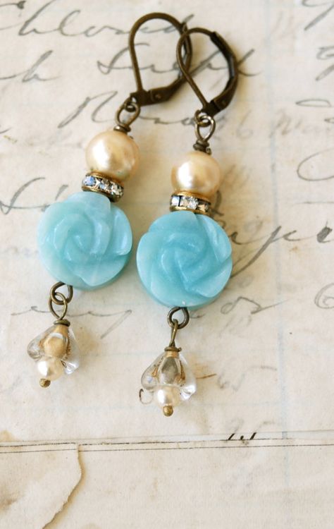 Pale bluerose,shabby chic flower earrings Affordable Handmade Vintage Flower Earrings, Bohemian Light Blue Earrings With Dangling Beads, Handmade Pink Vintage Flower Earrings, Handmade Bohemian Flower-shaped Earrings, Shabby Chic Earrings, Shabby Chic Jewelry, Easy Jewelry, Diy Jewelry Inspiration, Repurposed Jewelry