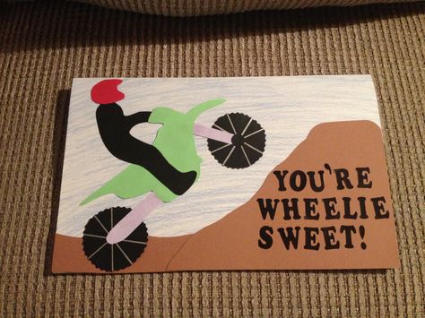 Valentine day card for a guy! Homemade dirt bike card! Bike Drawing Simple, Motocross Baby, Ryan Dungey, Happy Birthday Wishes For Him, Bike Logos Design, Bike Birthday Parties, Dirt Bike Party, Bike Love, Bike Craft