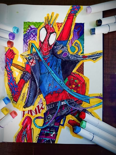 Spider Man Abstract Art, Spiderman Across The Spider Verse Canvas Painting, Spider Punk Drawing, Spiderverse Art, Spider Man Stuff, Spider Punk, Spiderman Drawing, Art Shed, Spiderman Art Sketch