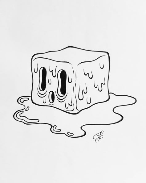 Melting Ice Cube Drawing, Melting Ice Cube Tattoo, Melting Art Drawing, Ice Cube Tattoo Design, Ice Cubes Illustration, Melt Drawing, Ice Doodle, Melting Character, Ice Cube Illustration