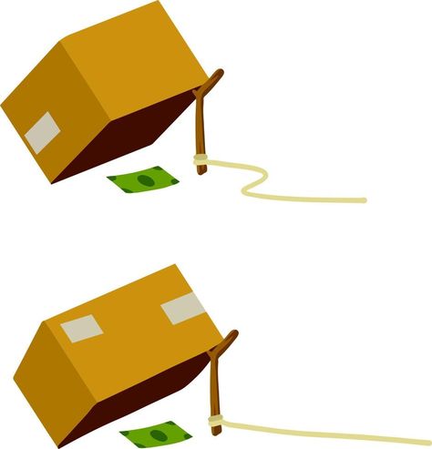 Cardboard box and trap. Children practical joke. Dollar and pitfall. Business problem. Stick on rope. Flat cartoon. Concept of financial problem. Funny comic Money bait Cartoon Trap Art, Trap Art, Funny Comic, Financial Problems, Business Problems, Practical Jokes, Money Box, Vector Pattern, Cardboard Box