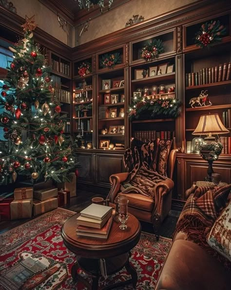 Winter Library Aesthetic, Dark Academia Aesthetic Christmas, Dark Academia Christmas Decor, Moody Dickens Christmas, Academia Christmas, Dark Academia Christmas Aesthetic, Cozy Christmas Book Aesthetic, Victorian House Christmas Lights, Gryffindor Common Room Christmas