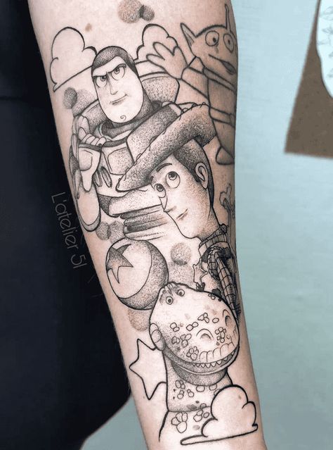 Toy Story Tattoo Design Images (Toy Story Ink Design Ideas) Toy Story Sleeve Tattoo, Forky Toy Story Tattoo, Tatuagem Toy Story, Buzz Lightyear Tattoo, Toy Story Tattoo Ideas, Toy Story Tattoos, Story Tattoo Ideas, Woody Tattoo, Pixar Tattoo