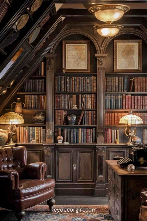 Tiny Home Library, Maximalist Library, Attic Library Ideas, Small Home Library Aesthetic, Vintage Library Room, Mini Library At Home, Small Home Library Design, Small Library Room Ideas, Cabin Library