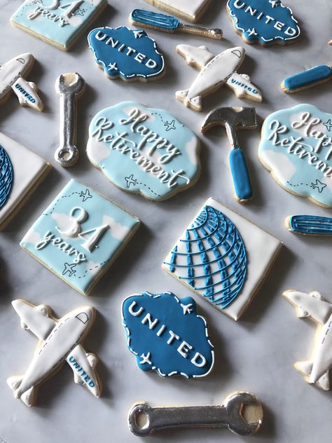 Retirement cookies for an airline mechanic Airline Retirement Party Ideas, Pilot Retirement Party Ideas, Pilot Retirement Party, Retirement Cookies, Pilot Party, Airplane Cookies, Medical Cookies, Plane Party, Airplane Cake