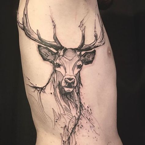 #deer #cerf #deertattoo #ribtattoo #blacktattoo #sketch #sketchtattoo #faubourgtattooclub #loiseautattoo Stag Tattoo Design, Hirsch Tattoo Frau, Elk Tattoo, Deer Tattoo Designs, Stag Tattoo, Deer Tattoo, Tattoo Zeichnungen, Tattoo Feminina, Desenho Tattoo