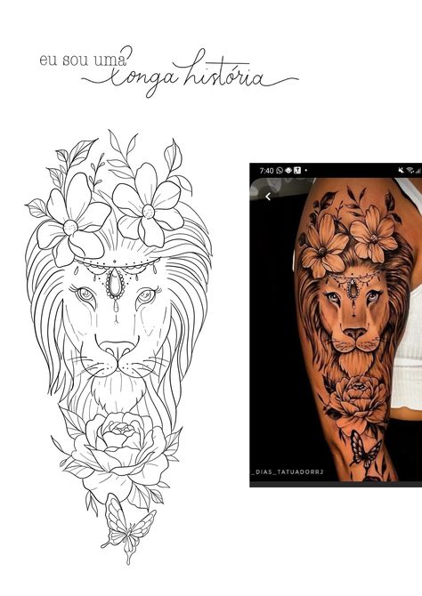 Lioness Flower Tattoo Design, Lion Tattoo With Flowers, Ladies Tattoo, Lion Art Tattoo, Tattoo Sleeve Filler, Lion Tattoos, Belly Tattoos, Lion Cat, Tattoo Stencil Outline