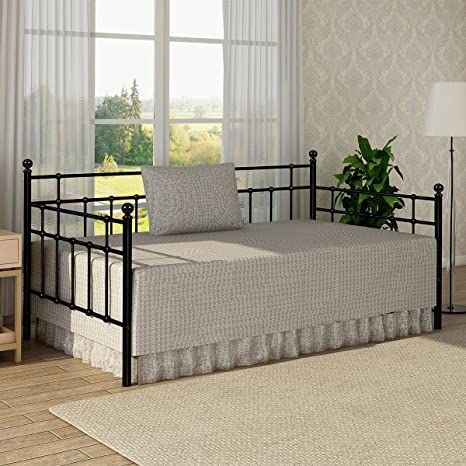 Metal Daybed Frame Twin Size Steel Slats Platform Strong Support Base Box Spring Mattress Replacement with Headboard for Living Guest Room Black Metal Day Bed, Black Bed Frames, Metal Daybed With Trundle, Day Bed Frame, Bed Frame Sets, Twin Size Daybed, Trundle Mattress, Daybed Frame, Metal Daybed