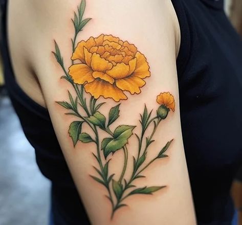 October Birth Flower Tattoo Meaning and Ideas | Balcony Garden Web Marigolds Tattoo, Marigold Flower Tattoo, October Flower, Marigold Tattoo, Cosmos Tattoo, Kids Tattoo, October Birth Flowers, October Flowers, Flower Tattoo Meanings