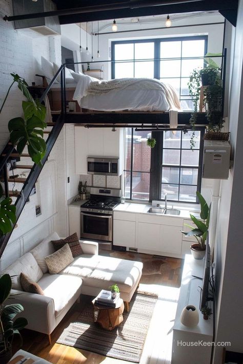 Small Flat Interior, New York Studio Apartment, Small Cozy Apartment, Flat Interior Design, Tiny House Loft, Tiny Apartments, Minimalist Apartment, Flat Interior, Sleeping Loft