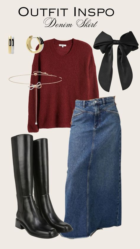 Jean Skirt Blazer Outfit, Jean Skirt And Sweater Outfit Fall, Dark Wash Denim Skirt Outfit, Skirt On Jeans, Fall Outfit Inspo Skirt, Outfit With Long Denim Skirt, Maxi Jean Skirt Outfits Winter, Blue Jeans Skirt Outfits, Winter Jean Skirt Outfits