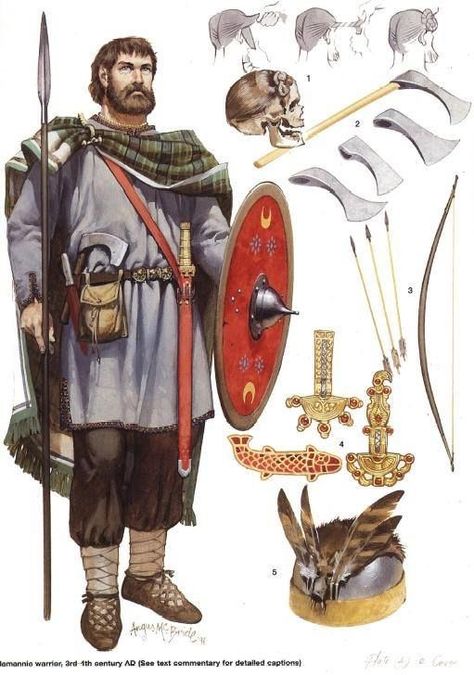 The attire and accoutrements of an Iron Age warrior from continental Germania 3rd - 1st c. AD Iron was 'scarce' in Germania according to Tacitus, and thus the peasant levy fought with cudgels, rocks, spears, and axes. The warrior depicted has a sword and thus would be equivalent to the knightly class that evolved later. By the time of the Frankish kingdoms (5th c. on), the Germanic regions possibly had the greatest iron/steel output in the world at that time. Warriors Illustration, Germanic Tribes, Historical Warriors, Ancient Celts, Empire Romain, Ancient Warfare, Historical Armor, In Memoriam, Medieval Armor