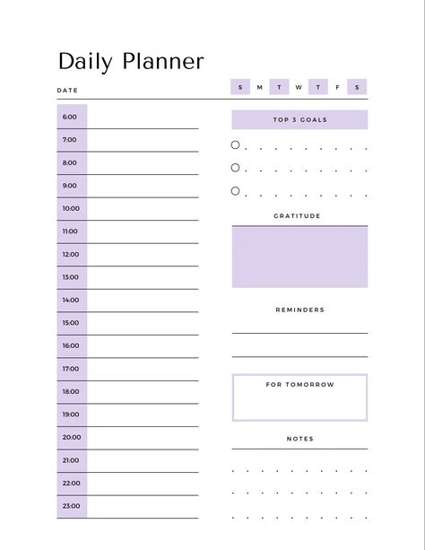 Stay on track and increase productivity with this clean and simple daily planner. Instant download. Use as a digital file or printable. Daily Planner Template Free, Study Planner Purple, Daily Planner Simple, Daily Planner Bullet Journal, Daily Planner Bullet Journal Layout, Aesthetic Daily Planner Template Purple, Cute Daily Planner Template, Cute Planners, Bullet Journal Francais