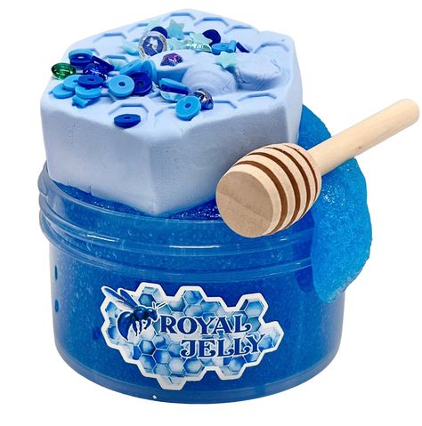 A thick jelly slime scented a blend of citrus and floral in a gorgeous shade of blue with lots of add-ins including a clay honeycomb and a honey dipper stick. Blue Honey, Honey Slime, Jelly Cube Slime, Slime Package, Blue Slime Licker, Jelly Slime, Slimy Slime, Pretty Slime, Galaxy Slime