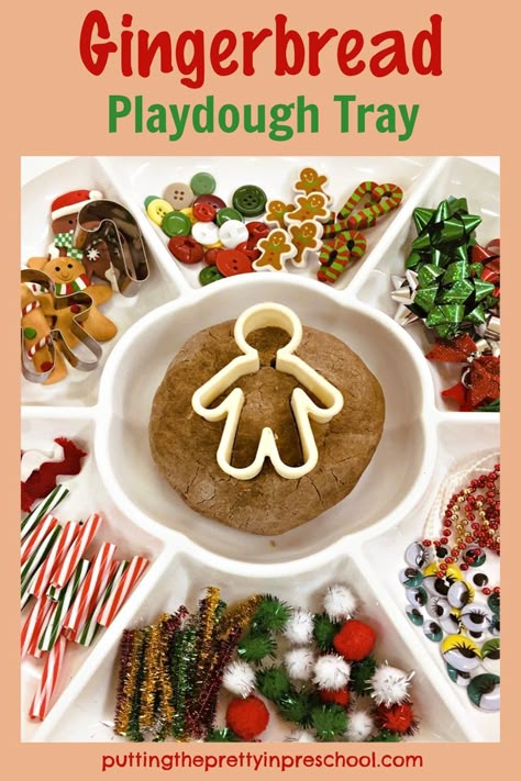 This gingerbread playdough tray is filled with festive loose parts. The spicy playdough recipe is easy to make and little hands can help. Gingerbread Activities Preschool, Playdough Table, Gingerbread Playdough, Play Dough Christmas, Gingerbread Play Dough, Gingerbread Story, Cooked Playdough, Gingerbread Unit, Christmas Activities For Toddlers