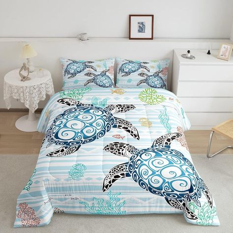 Sea Turtle Comforter Set Kawaii Room Decor, Coastal Beach Themed Bedding Set Queen Size For Kids Teen Girls Boys Adult Bedroom, Blue White Stripes Qu Turtle Themed Bedroom, Coastal Kids Room, Quilted Pillowcase, Full Size Bed Sets, Room Decor Coastal, Stripes Quilt, Ocean Themed Bedroom, Queen Size Bed Sets, Bedroom Blue