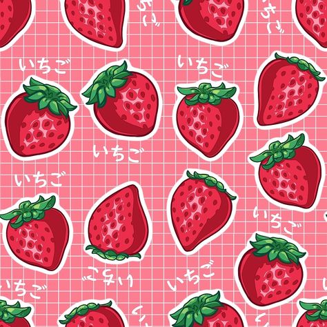 A cute strawberry pattern with the Japanese "strawberry" word in kanji. A lovely design for kawaii art, anime, manga and Japanese style lovers. It is available for socks, pins, phone cases, bags, and other popular products In my Redbubble shop. Follow the link to see the products.   ichigo, strawberry, pink, strawberry pattern, kawaii, cute, cute art, weaboo, kanji, Japan, Otaku, pink, berry, berries, sweet, juice, juicy, summer, fruit, anime, manga, style, food, aesthetics Kawaii Art Anime, Strawberry Background, Cow Print Wallpaper, Strawberry Art, Pink Tumblr Aesthetic, Soft Pink Theme, Strawberry Pattern, Free Overlays, Kawaii Illustration