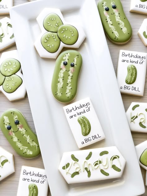 Dill Pickle Birthday Party, Pickle Cookies, F1 Party, Pickle Party, Nurse Cookies, Royal Cookies, St Patrick's Day Cookies, Cool Cookies, Decorated Cookie Ideas