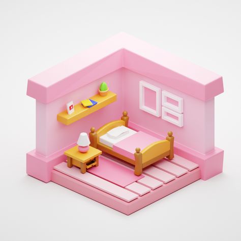 3D Room in pink with wooden furniture Blender Ideas For Beginners, 3d Modeling Ideas Beginner, Blender Beginner Projects, Simple Blender 3d Ideas, Blender Beginner, Sculpting Ideas, 3d Sculpting, Bangunan Minecraft, Blender Models